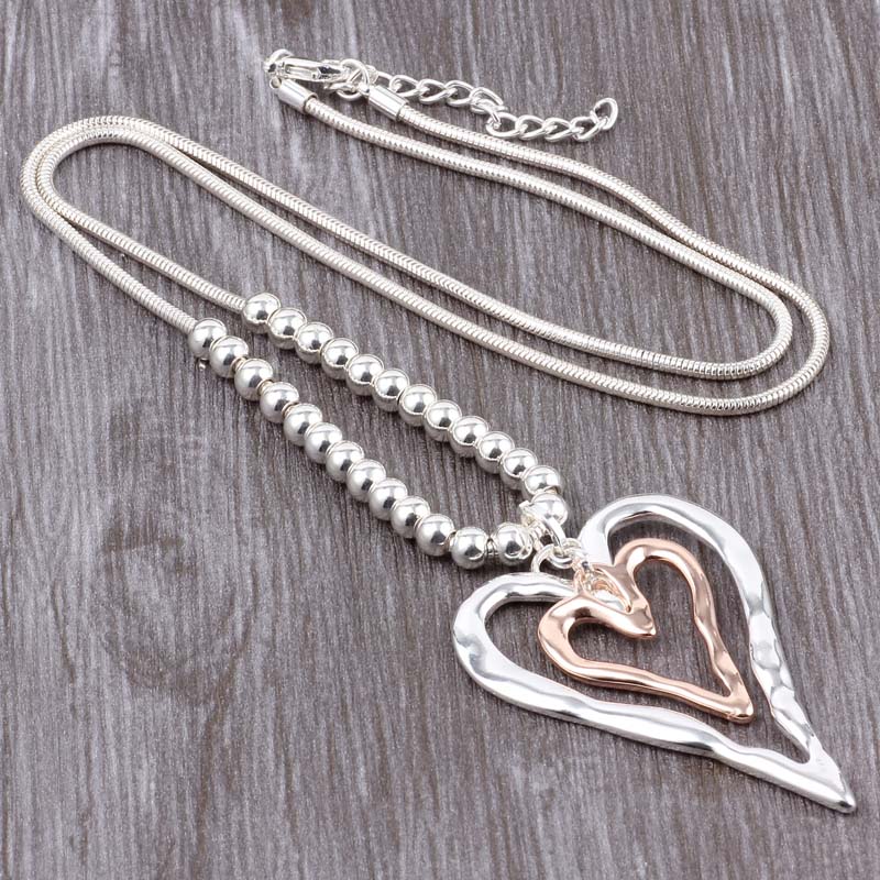Long Chain Silver Necklace Double Long Heart Pendant Gold and Silver. Free Shipping!