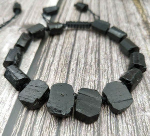 Natural Gemstones Black Tourmaline Stone Beads Cord Knotted Adjustable Bracelet