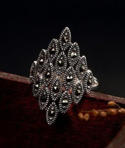 Retro Silver Marcasite Ring Adjustable 925 Sterling Silver