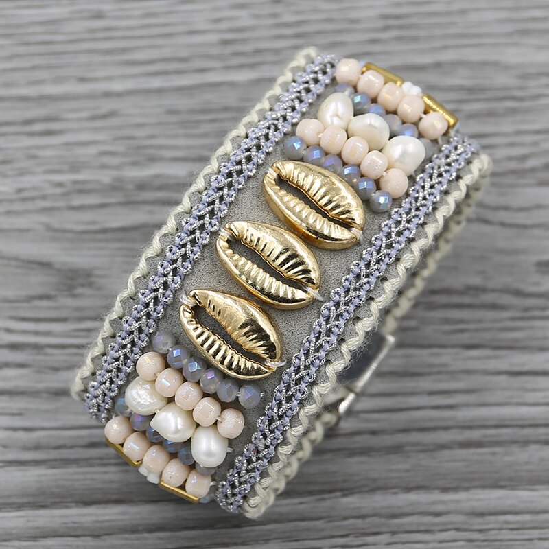 Wide Leather Bracelet Shells Crystal Beads & Pearls. Metal Magnet Clasp