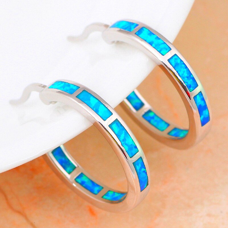 Shining Blue Fire Opal Hoop Earrings 925 Sterling Silver Fine Jewelry
