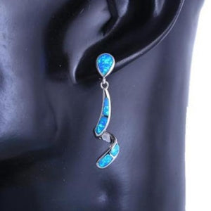 Curved Shape Blue fire opal Dangle Earrings Silver Stamped *Fine Jewelry*