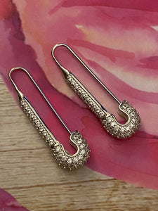 Safety Pins White Topaz Gemstones Earrings. 925 Sterling Silver