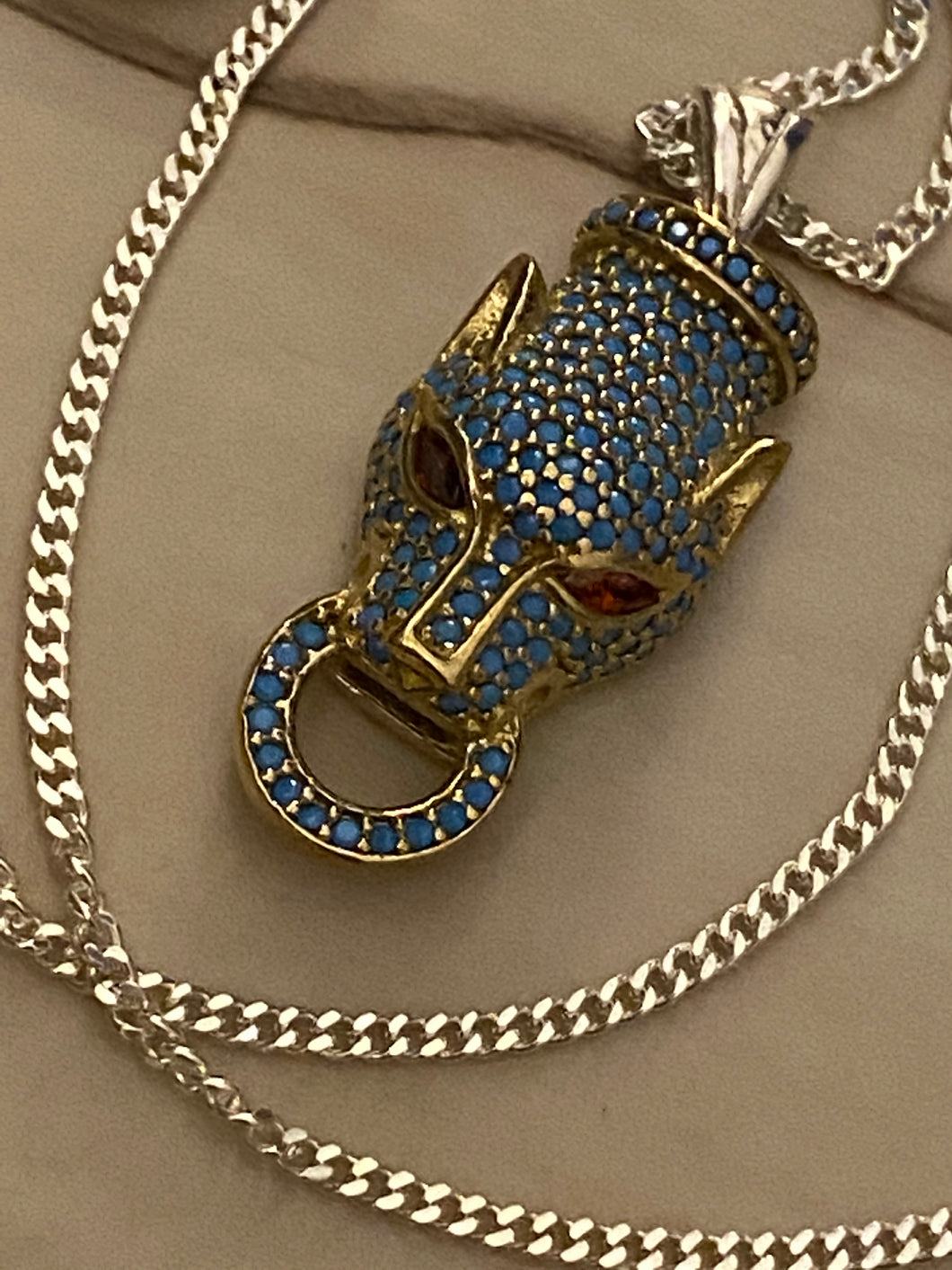 Pave Technique Turquoise Panther Pendant Ruby Eyes Gold & Sterling Silver