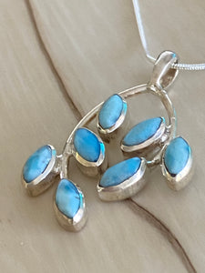 Multi Petals Flower Pendant Caribbean Larimar 925 Solid Sterling Silver. Free Plated Silver Chain