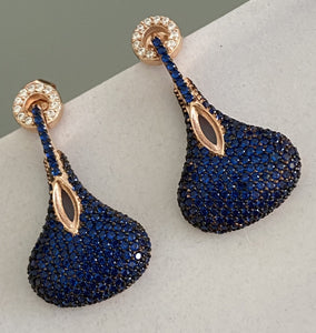 Sapphire Pave Tecnique Earrings & White Topaz Rose Gold Handcrafted