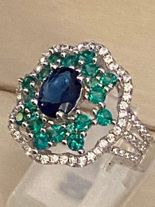 Emerald, Sapphire White Topaz Ring Natural Gemstones 925 Silver Size 9