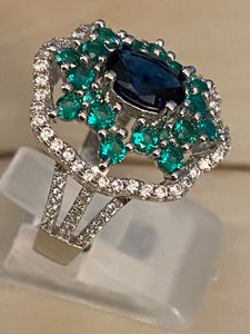 Emerald, Sapphire White Topaz Ring Natural Gemstones 925 Silver Size 9