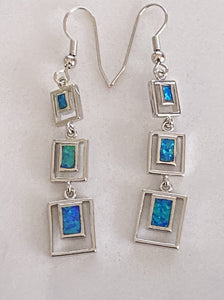 Blue Fire Opal Dangle Square Earrings 925 Sterling Silver *Fine Jewelry*
