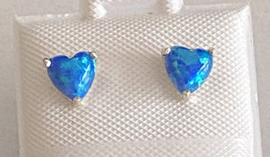 Blue Fire Opal Heart Studs Earrings 925 Sterling Silver *Fine Jewelry*