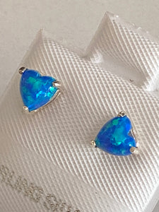 Blue Fire Opal Heart Studs Earrings 925 Sterling Silver *Fine Jewelry*