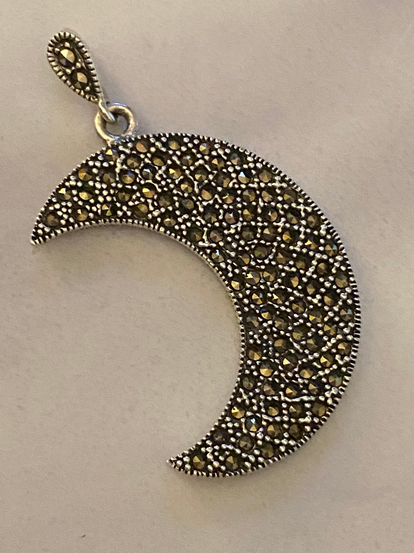 Half a Moon Marcasite Pendant Solid Sterling Silver Vintage