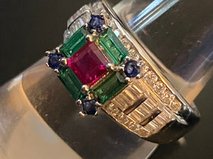 Ruby & Emerald & Sapphire & White Topaz Solid 925 Sterling Silver Ring Size 6 7 8 9
