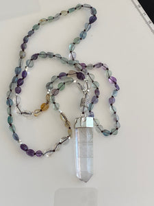 Natural Stones Fluorite,Amerthist,Citrini Necklace with Crystal Pendant 2.31" Handmaid