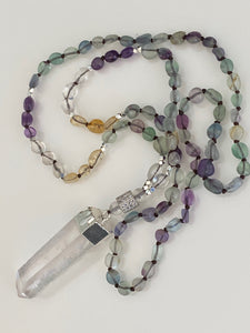 Natural Stones Fluorite,Amerthist,Citrini Necklace with Crystal Pendant 2.31" Handmaid