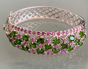 Bangle Bracelet AAA Green Chrome Diopside & Ruby Precious Gemstones 925 Sterling Silver