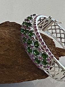 Bangle Bracelet AAA Green Chrome Diopside & Ruby Precious Gemstones 925 Sterling Silver