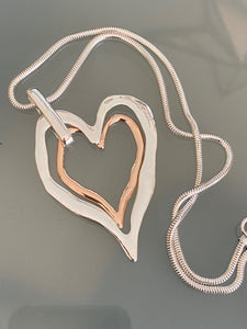 Long Chain Silver Necklace Double Heart Pendant Gold and Silver. Free Shipping!