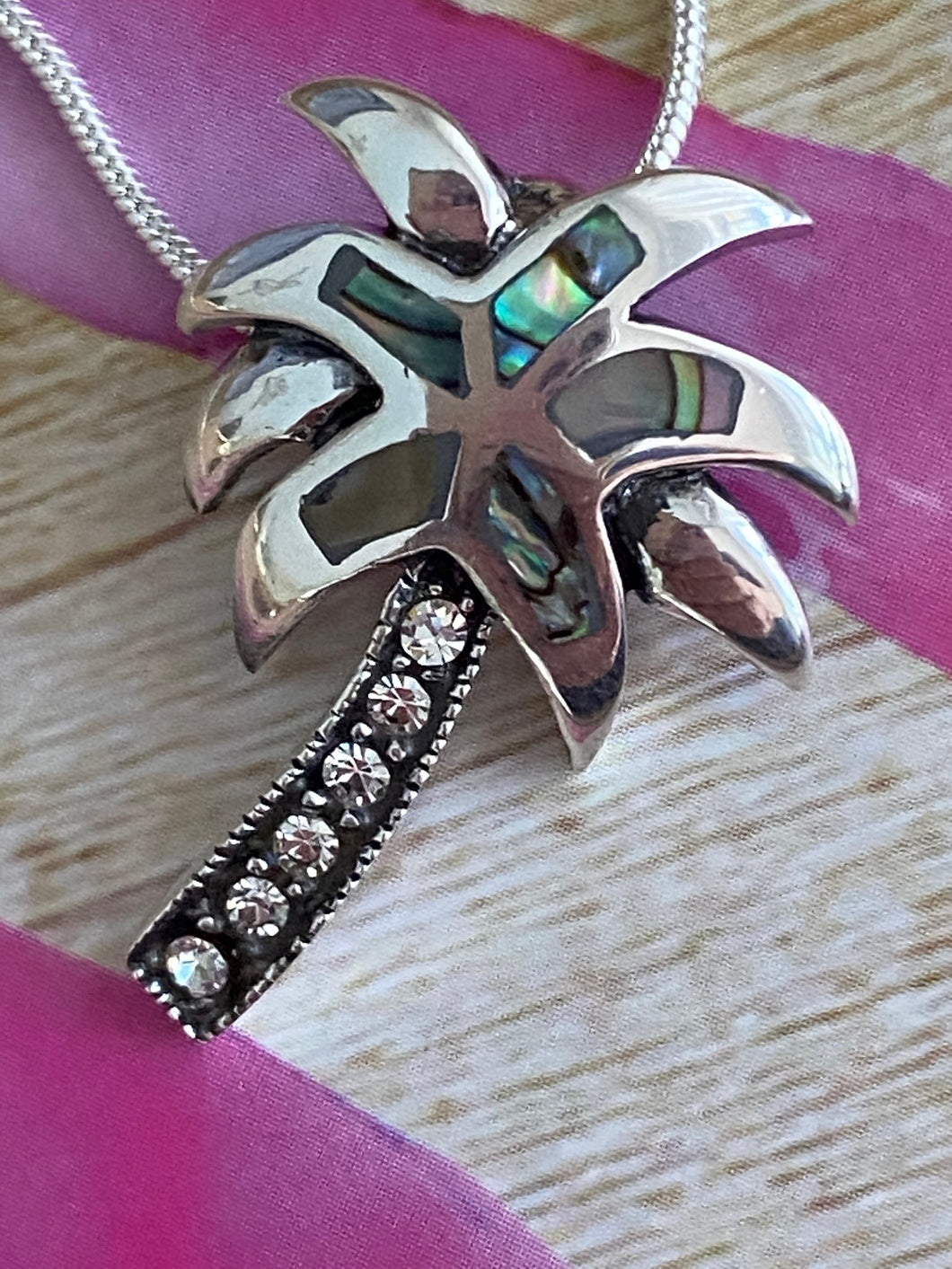 Palm Tree Pendant, Abalone & White Topaz Sterling Silver Jewelry. Free Chain. Free Shipping!