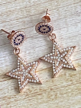 Load image into Gallery viewer, Stars Dangle Earrings  White Topaz and Sapphire Rose Gold over Sterling Silver
