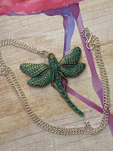 Green Metal Dragonfly Long Silver Chain Necklace. Free Shipping!