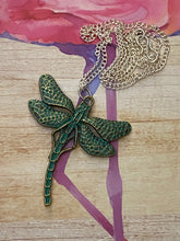 Load image into Gallery viewer, Green Metal Dragonfly Long Silver Chain Necklace. Free Shipping!
