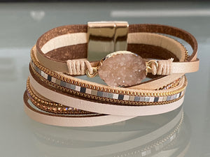 Copy of Wide Leather Bracelet Metal Chain Decor Real Agate Druzy. Magnet Clasp. Free shipping!