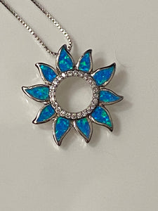 Fire Opal Beautiful Sun Flower & White Cz Pendant. Sterling Silver.W/Chain.Free Shipping !!*.*!!