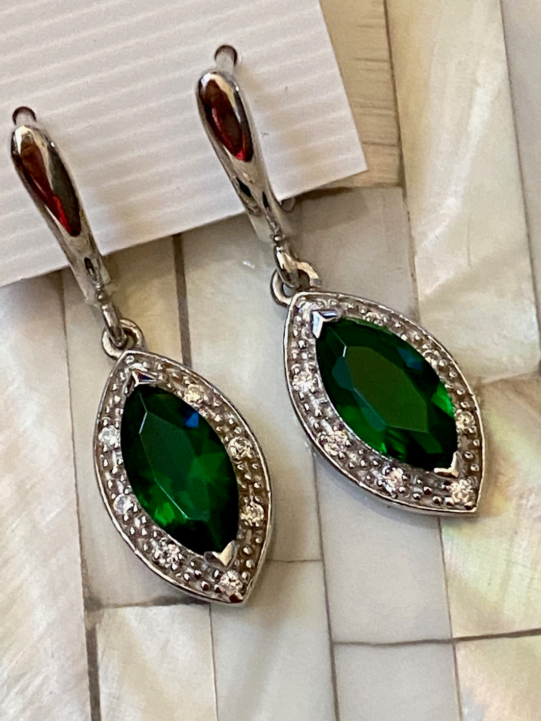 Handcrafted Earrings Gemstones Emerald & White Topaz. Sterling Silver.Free Shipping