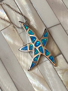 Blue Fire Opal Starfish Pendant Solid Sterling Silver Chain. Free Shipping !