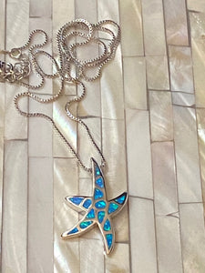 Blue Fire Opal Starfish Pendant Solid Sterling Silver Chain. Free Shipping !