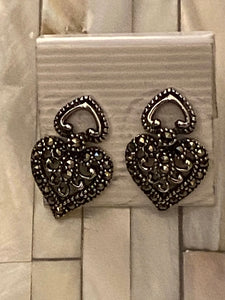 Heart Marcasite Earrings Solid Sterling Silver Vintage , Free Shipping