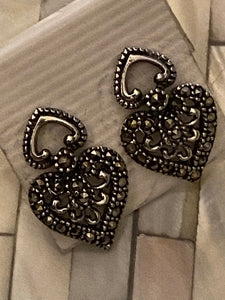 Heart Marcasite Earrings Solid Sterling Silver Vintage , Free Shipping