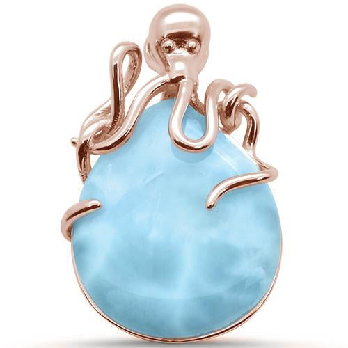 Rose Gold Plated Natural Gemstone Larimar Pendant Octopus. Free Silver Chain plated