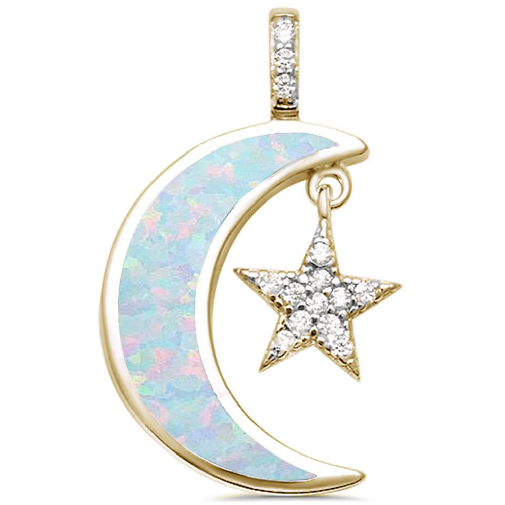 Yellow Gold Plated White Fire Opal Gemstone Pendant & Cz Crescent Moon & Star .925 Sterling Silver  Free Shipping !!*.*!!