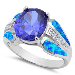 Natural Oval Tanzanite, Blue Opals & CZ 925 Sterling Silver Ring Sizes 8