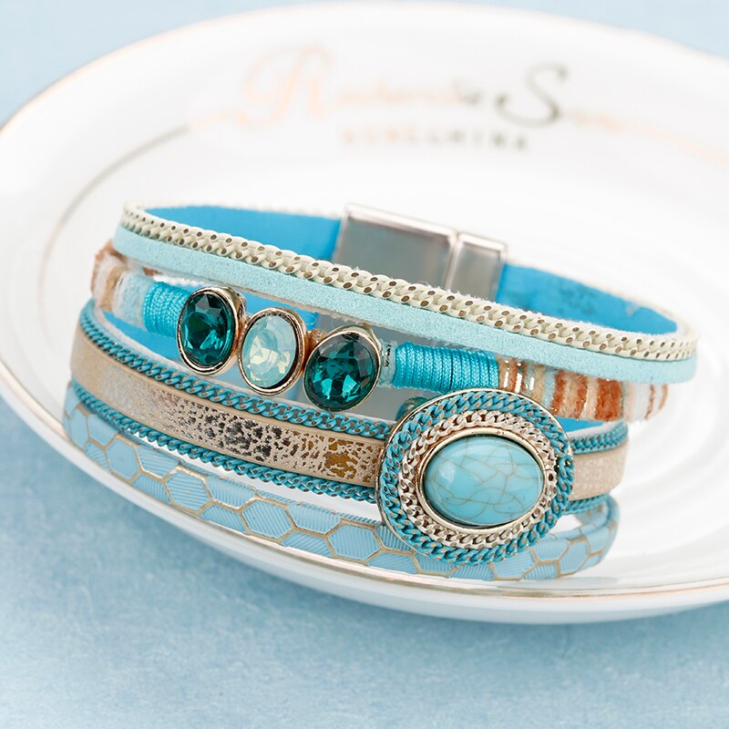 Leather Bracelet Fashion BOHO Blue Turquoise Crystals & Rhinestone Beads Magnet Clasp