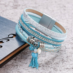 Leather Bracelet Fashion BOHO Blue Crystals & Rhinestone Beads Magnet Clasp