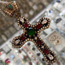 Load image into Gallery viewer, Cross Pendant Handcrafted Turkey. Unheated Ruby &amp; Emerald Sterling Silver &amp; Bronze
