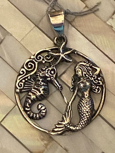 Mermaid & Seahorse Sterling Silver Pendant Jewelry. Free Shipping!