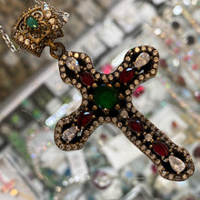 Load image into Gallery viewer, Cross Pendant Handcrafted Turkey. Unheated Ruby &amp; Emerald Sterling Silver &amp; Bronze
