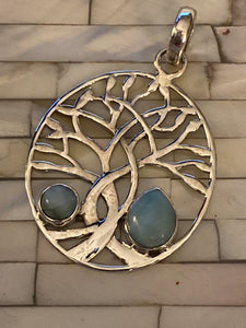 Tree of Life Larimar Caribbean Gemstone Pendant.Sterling Silver.18”Chain.
