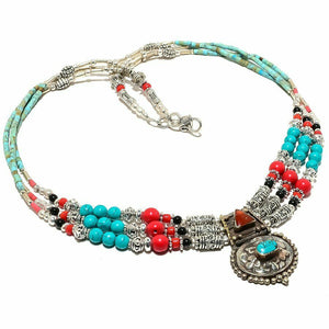 Tibetian Necklace Red Coral, Turquoise & black Onyx Gemstone Handmade 925 Silver 18"
