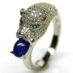 NATURAL BLUE SAPPHIRE & WHITE GREEN CZ RING 925 STERLING SILVER SIZE 7