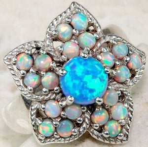 3CT Blue Fire Opal & Opal 925 Sterling Silver , Art Deco , Filigree Ring Sz 8